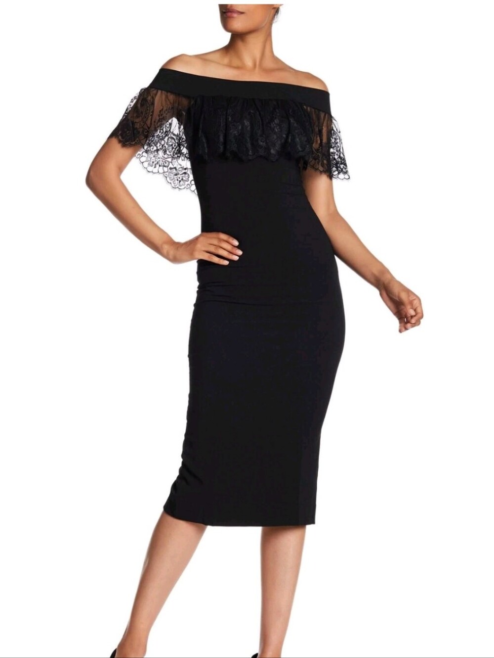 Dress the Population L36915 Lace Accent Off-the-Shoulder Black Dress Size Small